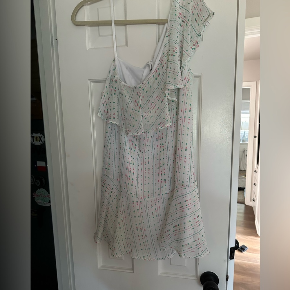 White One-Shoulder Dress with Pink and Green Dots